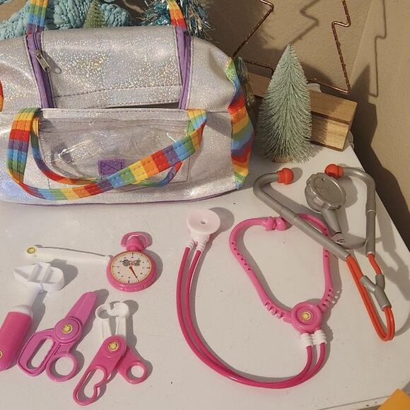 Dr doctor kit gently used in fun rainbow glitter bag  2 stethoscopes & tools - Picture 2 of 8